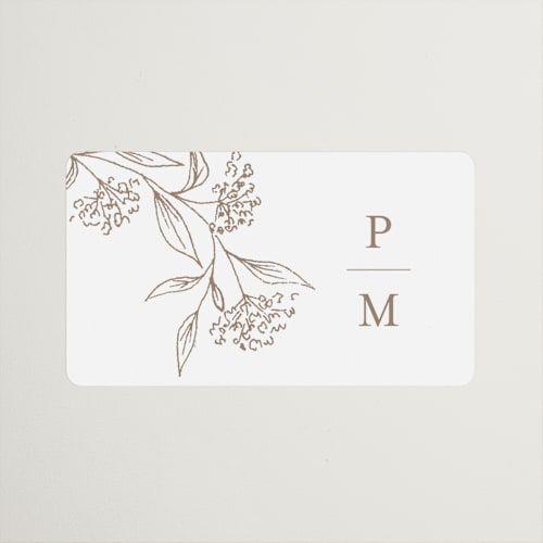 This is a taupe wedding favor labels with standard by Chris Griffith called monogrammed printing on uncoated sticker paper in sticker