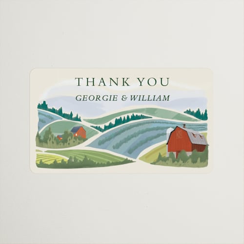 This is a barn wedding favor labels with standard by Paper Sun Studio called farm and field printing on uncoated sticker paper in sticker