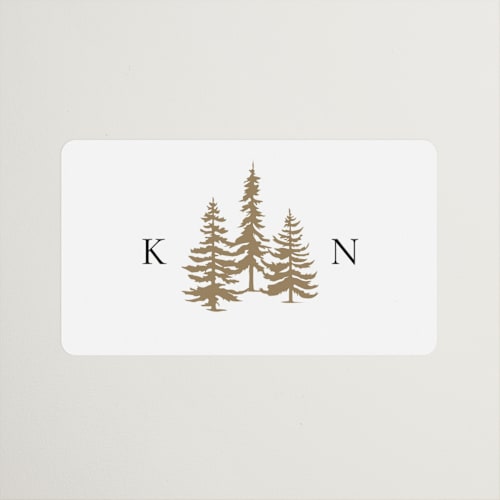 This is a snow wedding favor labels with standard by Stacy Maalouf called gilded forest printing on uncoated sticker paper in sticker