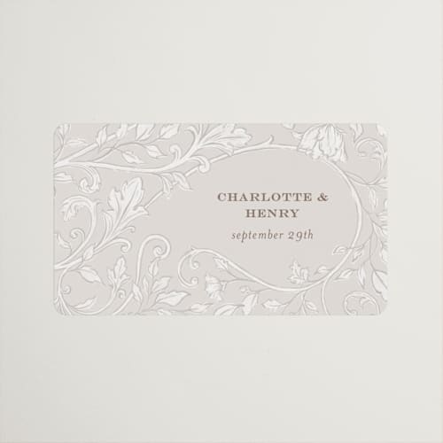 This is a natural wedding favor labels with standard by BR Designs called vintage flourishes printing on uncoated sticker paper in sticker