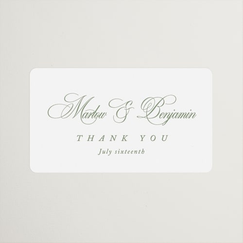 This is a garden wedding favor labels with standard by Kelly Schmidt called chic script printing on uncoated sticker paper in sticker