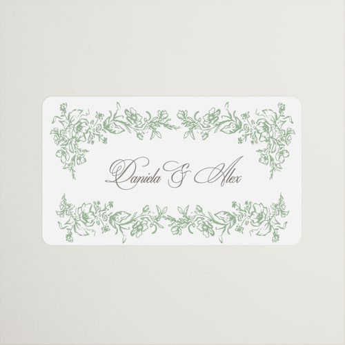 This is a mint wedding favor labels with standard by Melinda Denison called romantic garden printing on uncoated sticker paper in sticker