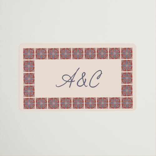 This is a terracotta wedding favor labels with standard by Katharine Watson called block print tile printing on uncoated sticker paper in sticker