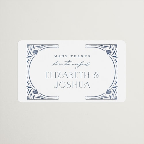 This is a delphinium wedding favor labels with standard by Ashley DeMeyere called nouveau frame printing on uncoated sticker paper in sticker