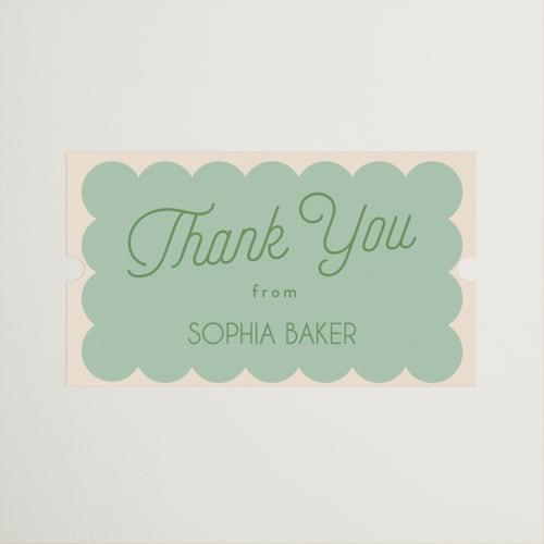 This is a seafoam wedding favor labels with standard by Morgan Kendall called scallop printing on uncoated sticker paper in sticker