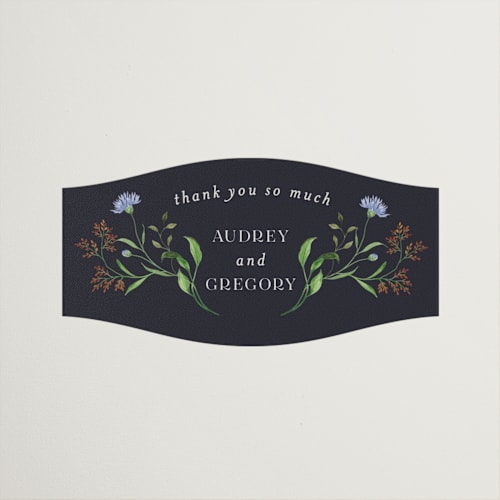 This is a midnight wedding favor labels with standard by Sarah Knight called wild meadow printing on uncoated sticker paper in sticker