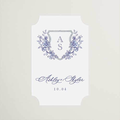 This is a dusty blue wedding favor labels with standard by Cass Loh called watercolor flowers crest printing on uncoated sticker paper in sticker