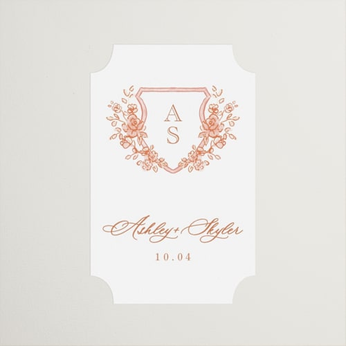 This is a coral wedding favor labels with standard by Cass Loh called watercolor flowers crest printing on uncoated sticker paper in sticker