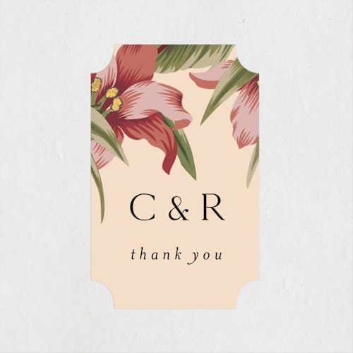 This is a sunrise wedding favor labels with standard by Jennifer Holbrook called tropical flowers printing on uncoated sticker paper in sticker