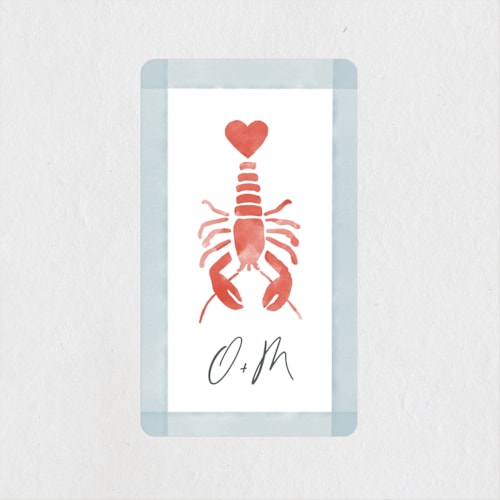 This is a ocean wedding favor labels with standard by Jen Tips called love and lobsters printing on uncoated sticker paper in sticker