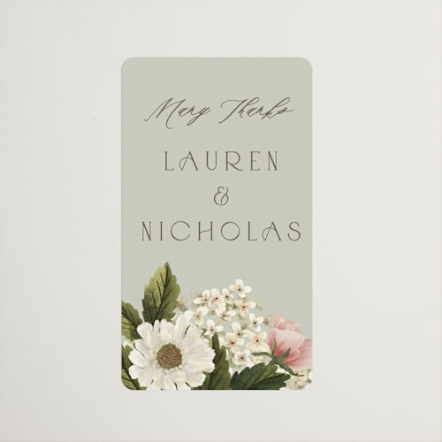 This is a moss wedding favor labels with standard by Chris Griffith called floral tribute printing on uncoated sticker paper in sticker