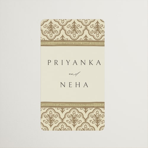 This is a marigold wedding favor labels with standard by Pati Cascino called aatreya printing on uncoated sticker paper in sticker