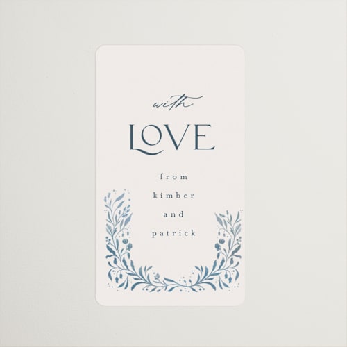 This is a delft blue wedding favor labels with standard by Ashley DeMeyere called porcelain printing on uncoated sticker paper in sticker