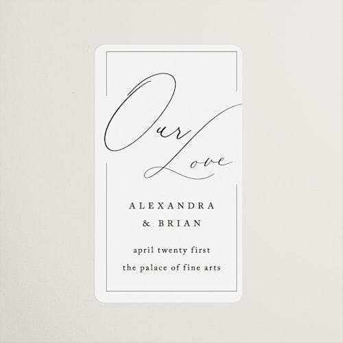 This is a alabaster wedding favor labels with standard by Liz Conley called love story printing on uncoated sticker paper in sticker