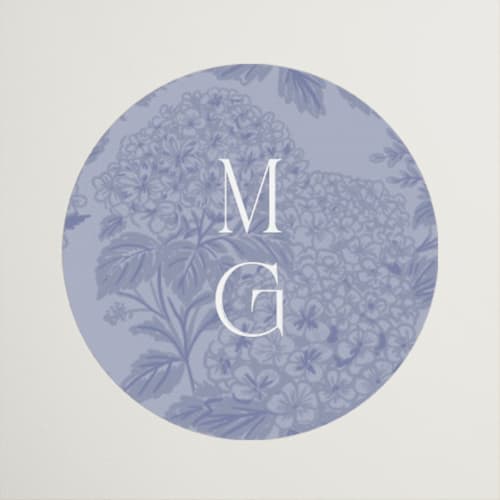 This is a periwinkle wedding favor labels with standard by Jenna Holcomb called southern charm toile printing on uncoated sticker paper in sticker