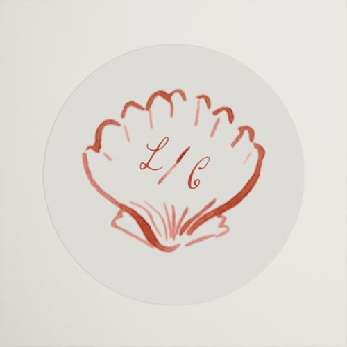 This is a coral wedding favor labels with standard by Pati Cascino called puglia printing on uncoated sticker paper in sticker