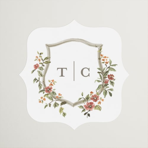 This is a mulberry wedding favor labels with standard by Everett Paper Goods called foliage crest printing on uncoated sticker paper in sticker