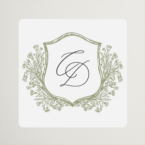 This is a olive custom stickers with standard by Erin Deegan called traditional monogram printing on uncoated sticker paper in sticker