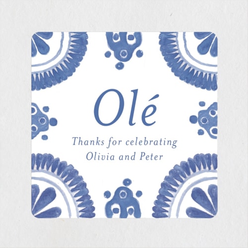 This is a azure wedding favor labels with standard by Lagniappe Paper called talavera printing on uncoated sticker paper in sticker