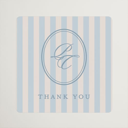 This is a powder blue wedding favor labels with standard by Creo Study called scripted printing on uncoated sticker paper in sticker