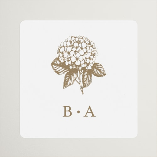 This is a cotton wedding favor labels with standard by Stacey Meacham called hydrangea bloom printing on uncoated sticker paper in sticker