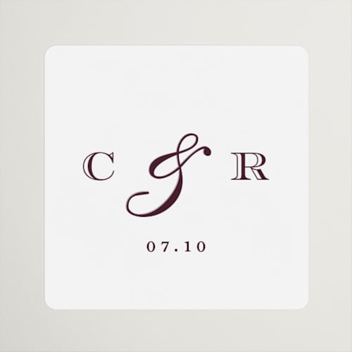 This is a burgundy wedding favor labels with standard by Stacey Meacham called engraved names printing on uncoated sticker paper in sticker