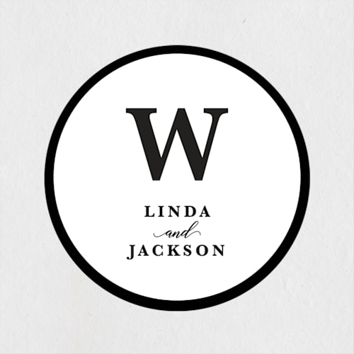 This is a black tie wedding favor labels with standard by Laura Hamm called modern classic printing on uncoated sticker paper in sticker