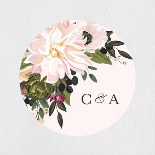 This is a blush wedding favor labels with standard by Susan Moyal called figs & flowers printing on uncoated sticker paper in sticker