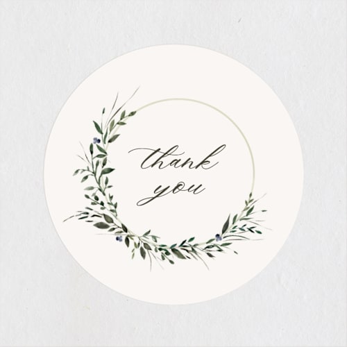This is a champagne wedding favor labels with standard by Lori Wemple called green wreath printing on uncoated sticker paper in sticker