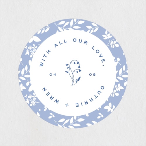 This is a bluebell wedding favor labels with standard by Bramble Studio called bluebell dinner printing on uncoated sticker paper in sticker
