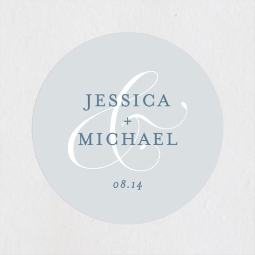 This is a dusty blue wedding favor labels with standard by Jennifer Postorino called empire printing on uncoated sticker paper in sticker