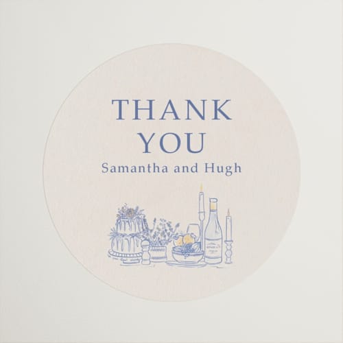 This is a balmy blue wedding favor labels with standard by Sabrin Deirani called table feast printing on uncoated sticker paper in sticker