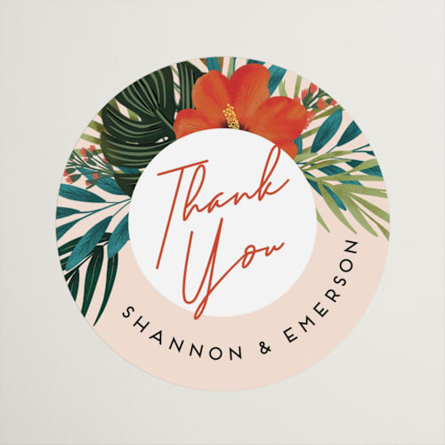 This is a coral wedding favor labels with standard by Joanna Griffin called tropical oasis printing on uncoated sticker paper in sticker