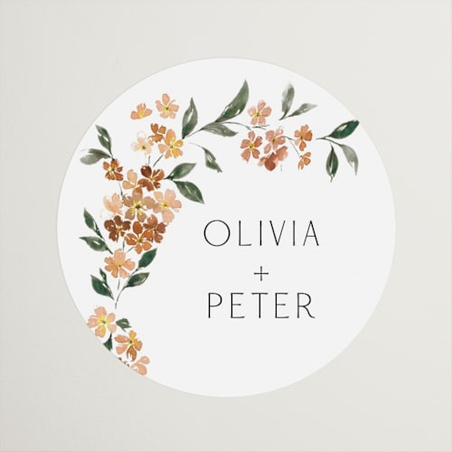 This is a terracotta wedding favor labels with standard by Itsy Belle Studio called sweeping vine printing on uncoated sticker paper in sticker