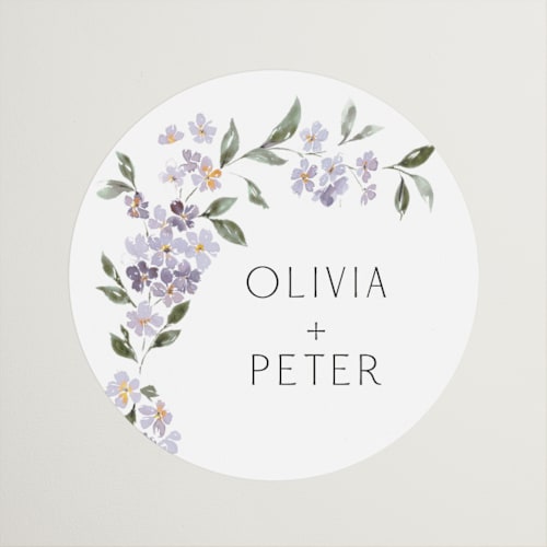 This is a periwinkle wedding favor labels with standard by Itsy Belle Studio called sweeping vine printing on uncoated sticker paper in sticker