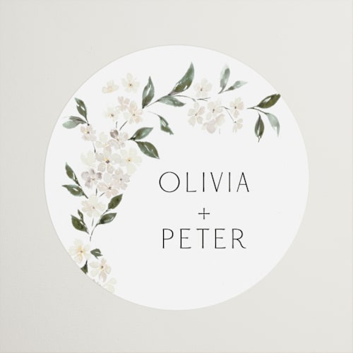 This is a porcelain wedding favor labels with standard by Itsy Belle Studio called sweeping vine printing on uncoated sticker paper in sticker