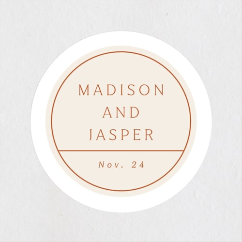 This is a rust wedding favor labels with standard by Alethea and Ruth called modern ticket printing on uncoated sticker paper in sticker