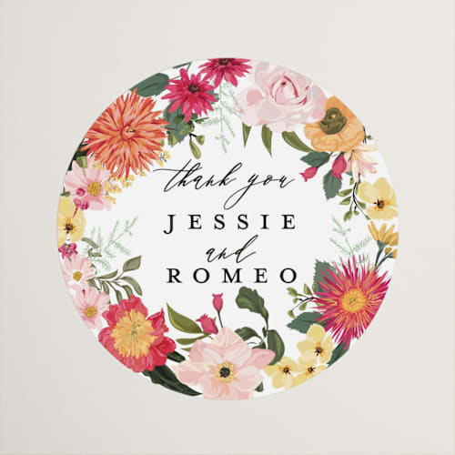 This is a tropical wedding favor labels with standard by Susan Moyal called forest flowers printing on uncoated sticker paper in sticker
