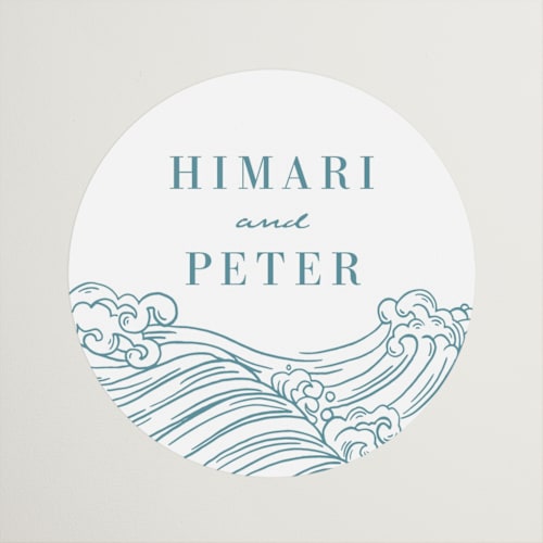 This is a aqua wedding favor labels with standard by Jessie Steury called waves printing on uncoated sticker paper in sticker