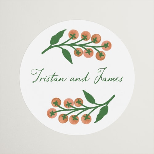 This is a cantaloupe wedding favor labels with standard by Katharine Watson called cherry tomatoes printing on uncoated sticker paper in sticker