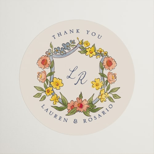 This is a peach wedding favor labels with standard by Chris Griffith called a wedding in low country printing on uncoated sticker paper in sticker