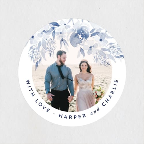 This is a periwinkle wedding favor labels with standard by Qing Ji called poetic watercolor flowers printing on uncoated sticker paper in sticker