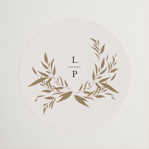This is a porcelain wedding favor labels with standard by Jennifer Postorino called natural monogram printing on uncoated sticker paper in sticker