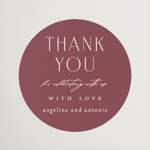 This is a mauve wedding favor labels with standard by Erica Krystek called chantilly printing on uncoated sticker paper in sticker