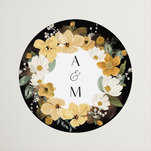 This is a sunshine wedding favor labels with standard by Susan Moyal called layered florals printing on uncoated sticker paper in sticker