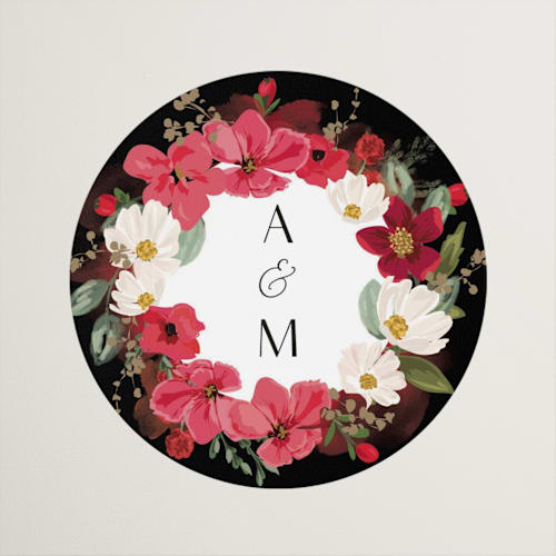 This is a crimson wedding favor labels with standard by Susan Moyal called layered florals printing on uncoated sticker paper in sticker