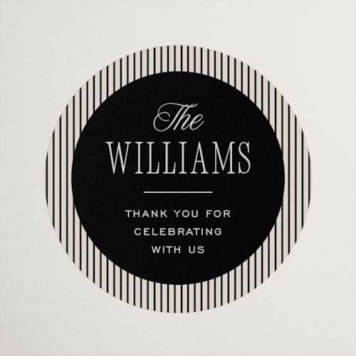 This is a noir wedding favor labels with standard by Pixel and Hank called linea printing on uncoated sticker paper in sticker