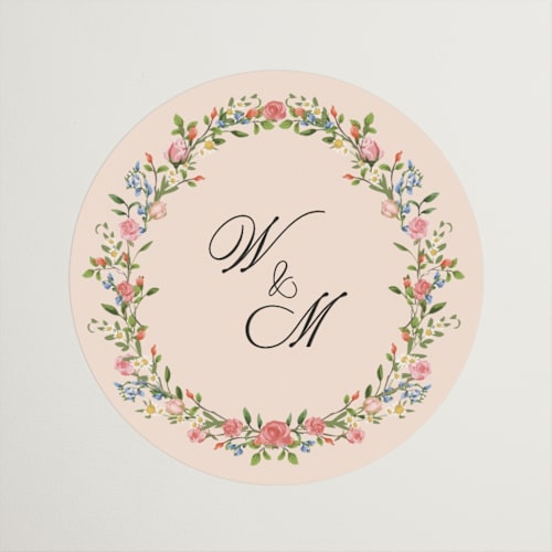 This is a blush wedding favor labels with standard by Susan Moyal called monogramed printing on uncoated sticker paper in sticker