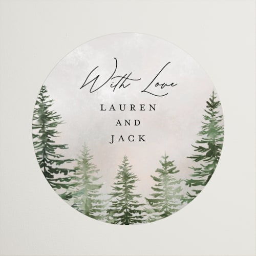 This is a forest wedding favor labels with standard by Petra Kern called montagna printing on uncoated sticker paper in sticker
