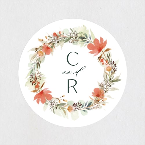 This is a peach wedding favor labels with standard by Olivia Raufman called new blossoms printing on uncoated sticker paper in sticker